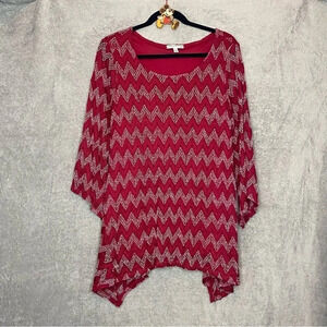 Notations 2X Top Shirt Red Chevron Scoop Neck Flared 3/4 Sleeve Asymmetrical P1